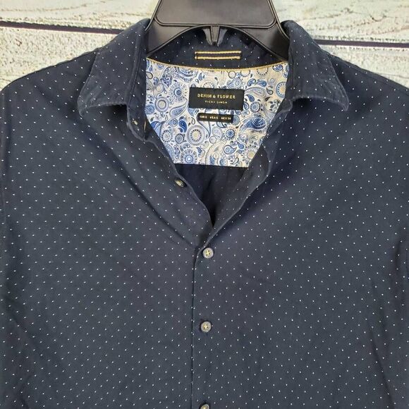 Denim & Flower Ricky Singh Men’s Navy Polka Dot Button Up Shirt Size M - Picture 2 of 6
